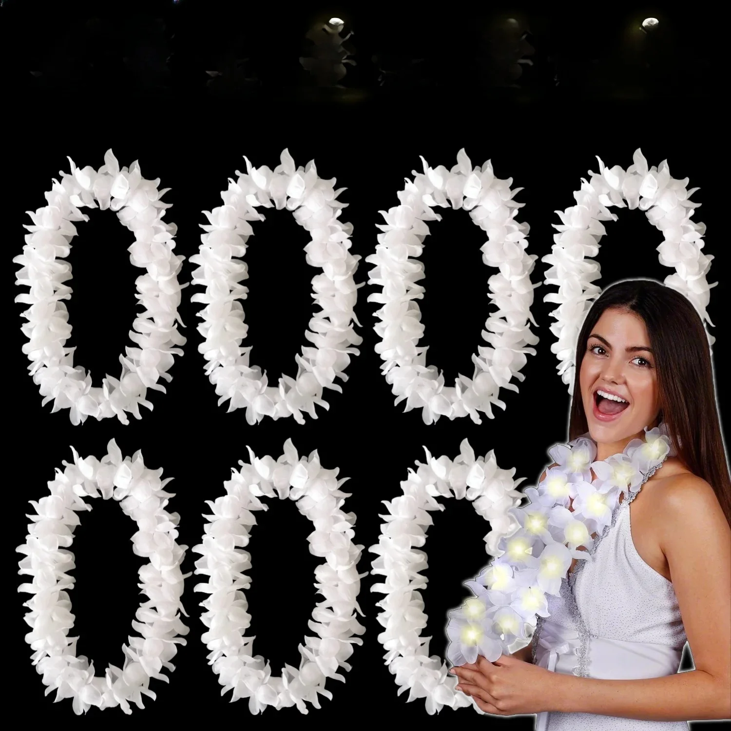 NONE Leis lumineux, Leis hawaïen LED épais à fleurs, collier de couronnes de fleurs Luau, accessoires de piste de danse, cadeaux de mariage, 10-60 pièces 3