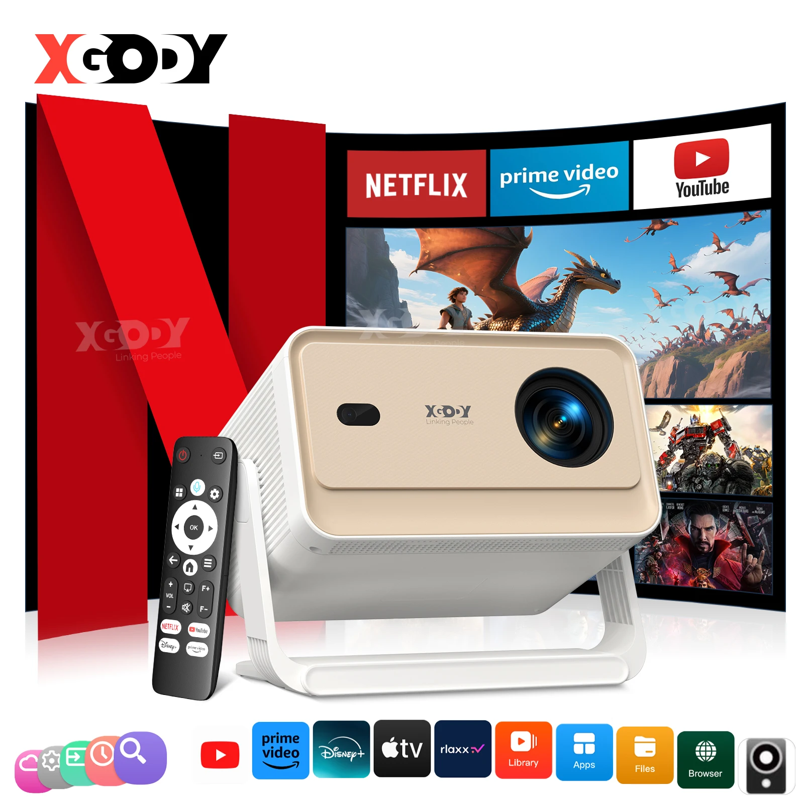 XGODY 700ANSI 4K Projector, 1 GB RAM + 32 GB Memory, Android, Autofocus, Keystore Correction, Gimbal, A6/N6 Pro Beamer, Wifi6
