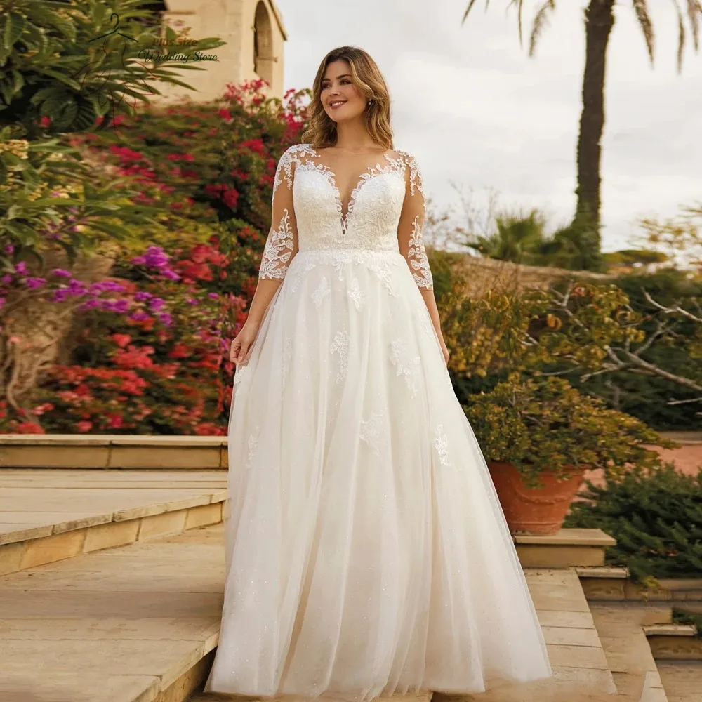 

Plus Size Sheer O-neck Wedding Dresses 3/4 Sleeves Appliques Tulle A-Line Bridal Gown Robe De Mariee 2024