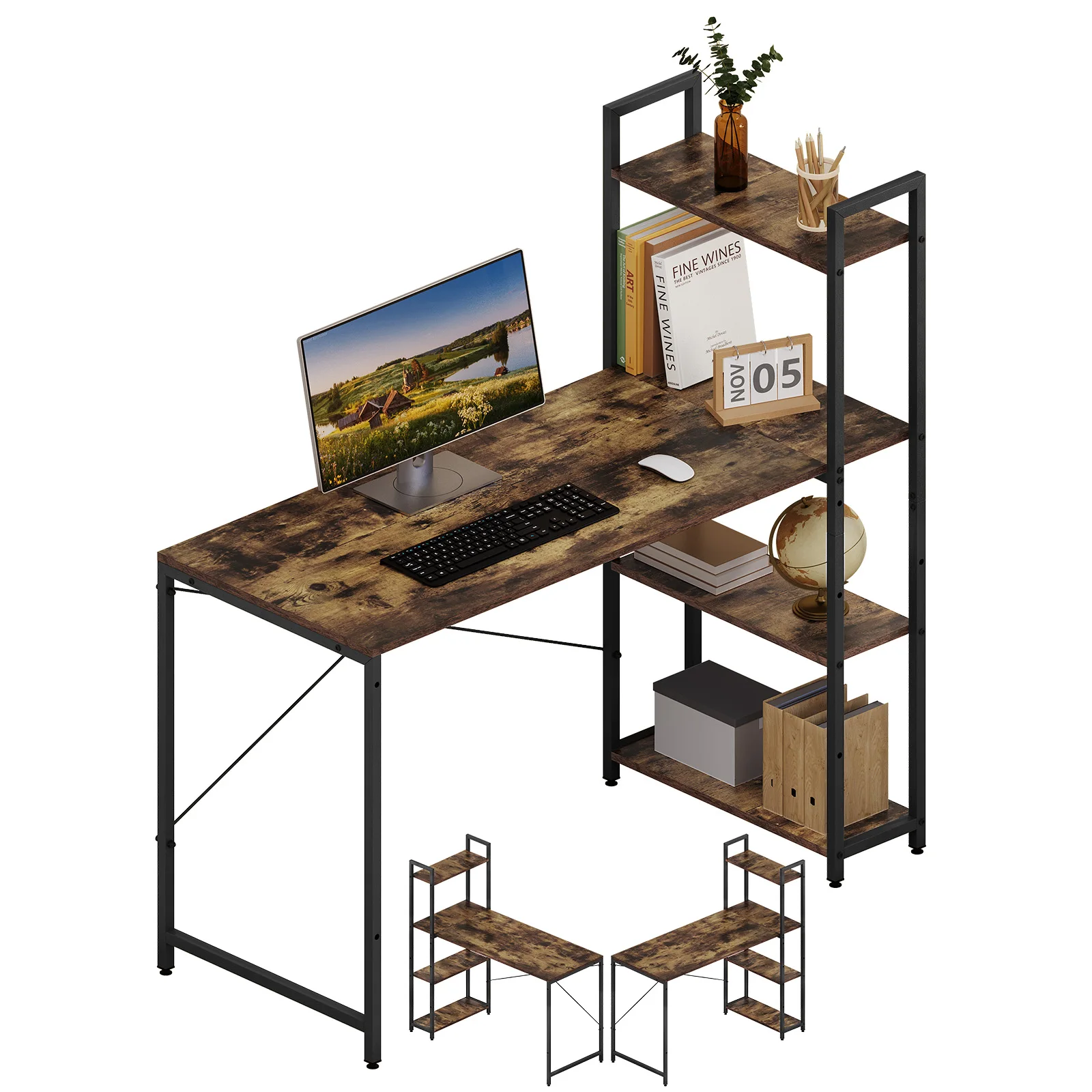 120x120x50cm Computer Desk with 4 Tier Side Shelves Work PC Gamer Table with Storage for Workstation Study Office