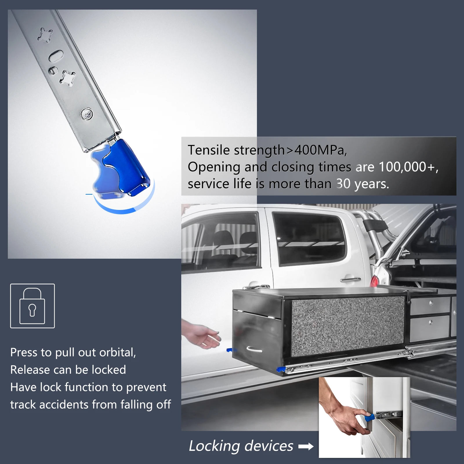 WASHINGST Heavy Load Drawers Slide 3-Fold Guide Rail Full Extension Ball Industrial 53mm Width Locking 10