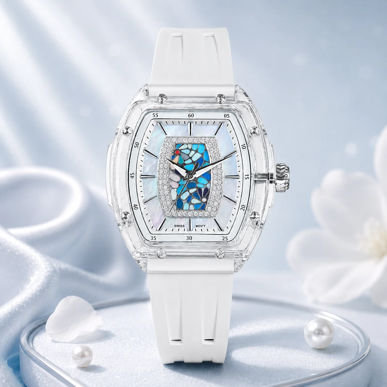 TSAR BOMBA Womens Quartz Watch Swiss Movement Sapphire Crystal Waterproof Luminous Shock Resistant Fluoroelastomer Strap Gift