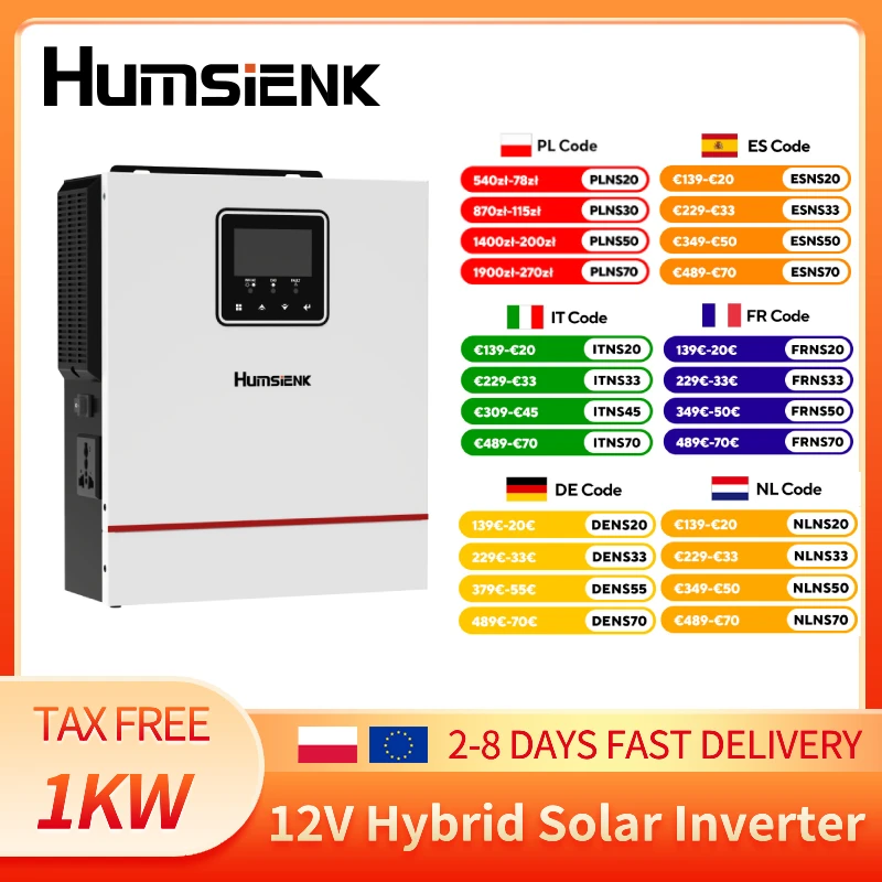 Humsienk 12V Hybrid-Solarwechselrichter 1000W Netzunabhängiger Reiner Sinuswellen-Wechselrichter mit Doppelausgang und 40A MPPT DC zu AC 230V Solarladegerät