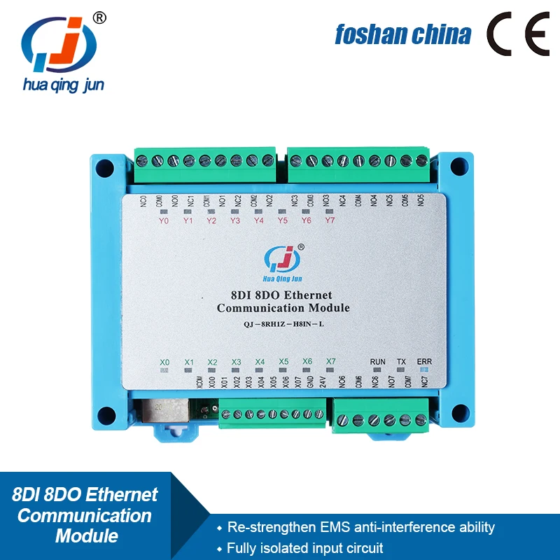 Huaqingjun 8-Channel Ethernet IO Communication Relay Module 24VDC RJ45 Modbus TCP LAN Board for PLC