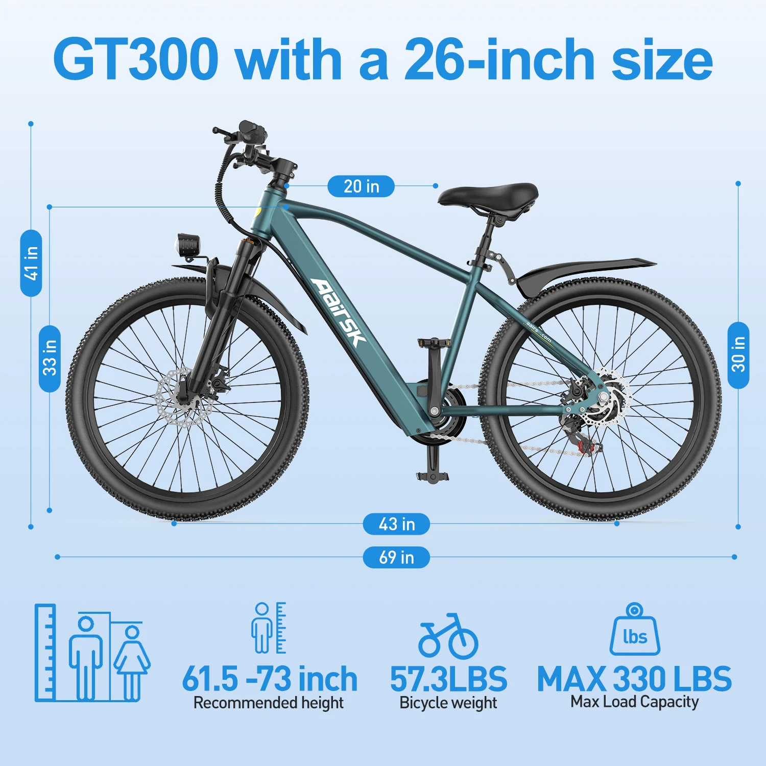 Aairsk Gt300 Elektrische Fiets voor Volwassenen, 36V 10Ah 7-versnellingen met NFC Smart Lock, 26" banden mountainbike met een bereik van 40-50 km, lichtgewicht off-road fiets voor mannen en vrouwen.