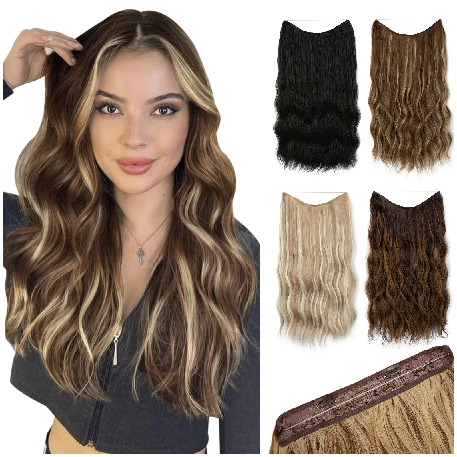 Syntetyczna fala Niewidoczne doczepiane włosy Fish Line Ombre Natural Black Blonde Pink Jednoczęściowa treska Fake Hair Piece — zdjęcie 2