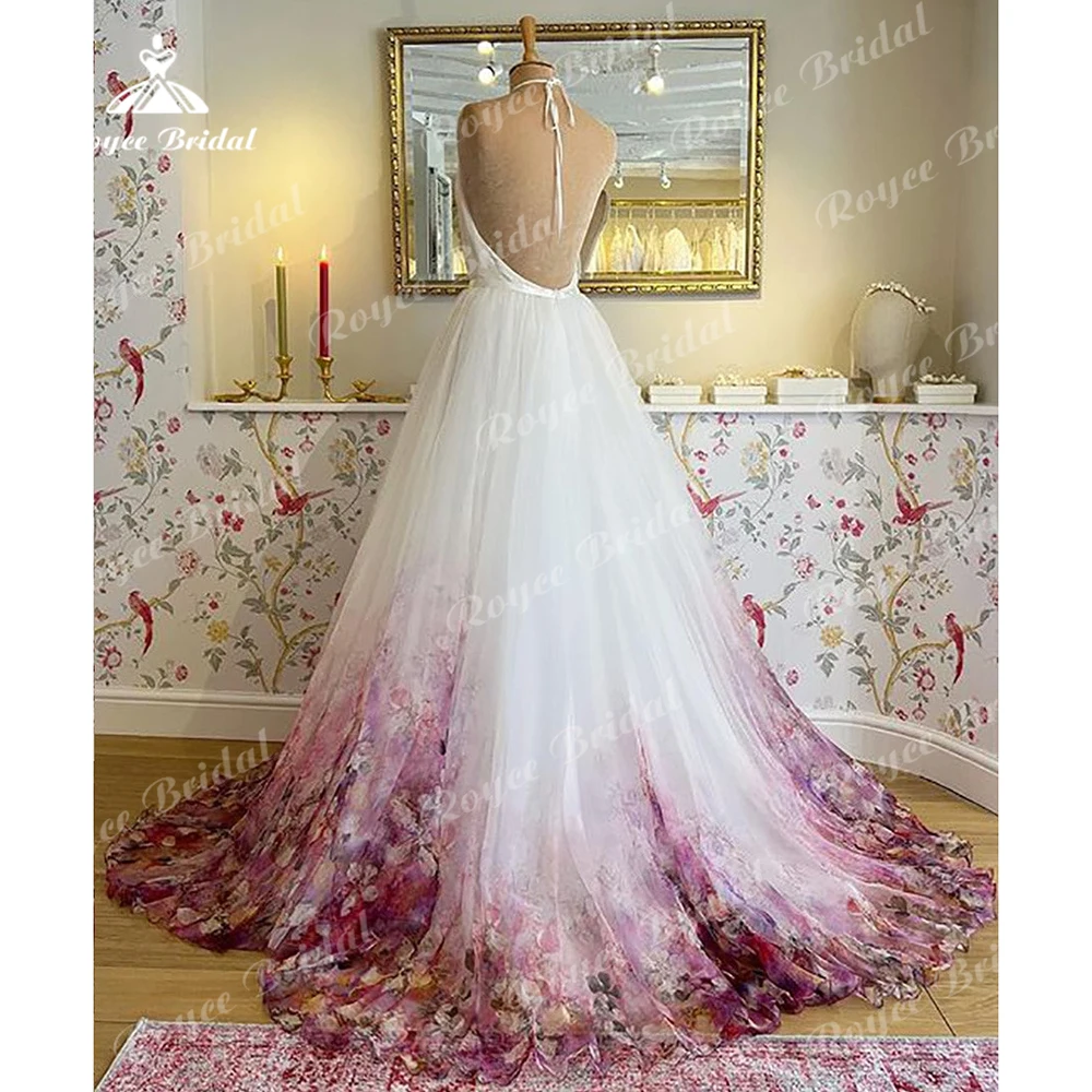 Roycebridal Floral Print Halter Neck Sexy Open Back A Line Wedding Dress 2023 For Women Bridal Gowns Vestidos De Novia Robe De