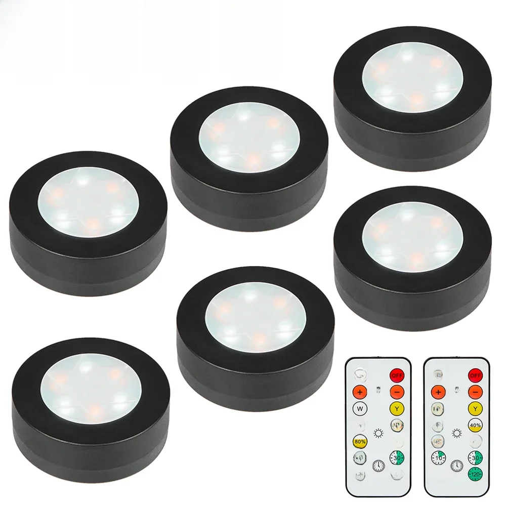 1-6 sztuk czarny CCT okrągły LED pod szafką oświetlenie do szafy meble możliwość przyciemniania lampa do szafy ciepły biały biały 3000-6500K pilot — zdjęcie 2