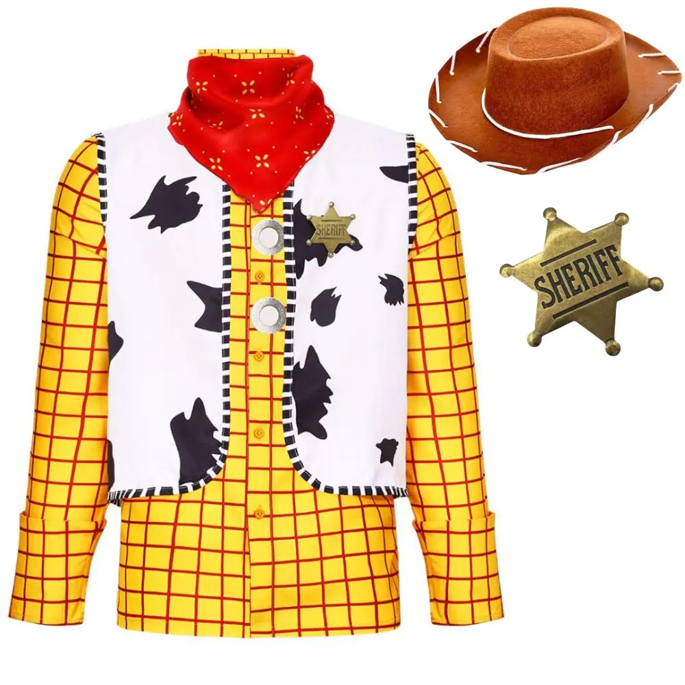 Costume de Cosplay Fantasia Woody, ensemble chemise à manches longues et chapeau avec badge de shérif pour hommes, tenues de jeu de rôle, costume de fête de carnaval d'halloween