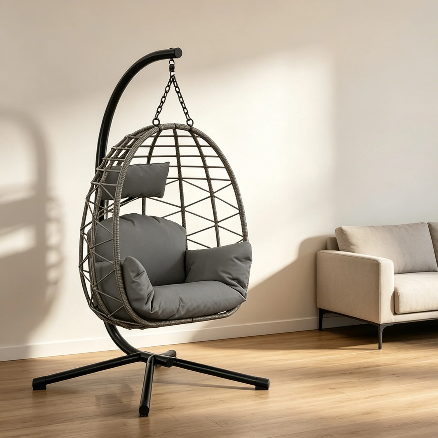 Fauteuil suspendu en osier HiMISS avec support noir, coussin imperméable et appui-tête, hamac lounge avec housse de protection contre la pluie pour intérieur, extérieur, jardin, patio, balcon