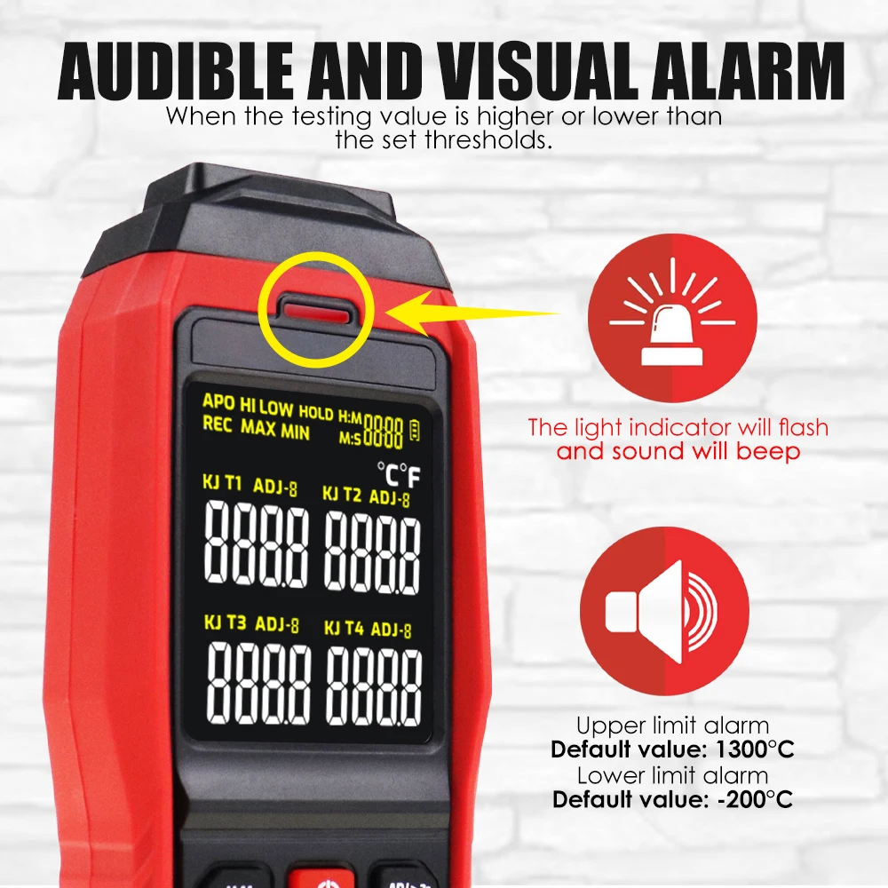 4 Channels K/J Type Thermocouple Thermometer -200~1372℃ -328~2501℉ Digital Meter 5000 Groups Data Storage 4-Channel Display