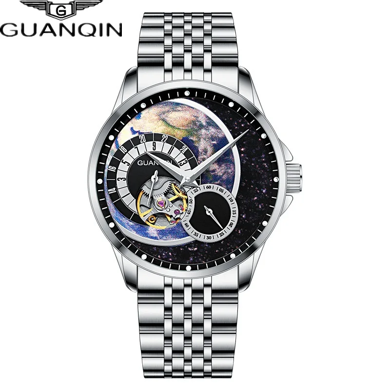 GUANQIN Original Mens Tourbillon Flywheel Skeleton Automatic Wristwatch SS316 Steel Chronograph Sapphire Crystal Male Hour Clock