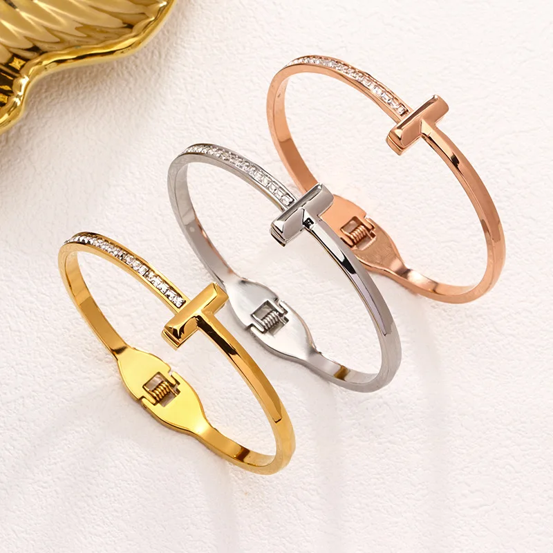 

Luxury T Shape Bangle Bracelet for Women – Gold, Silver, Rose Gold Plated Cuff with Zircon Crystals
