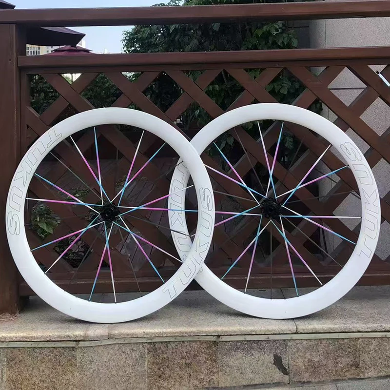 

TUKUS Rainbow Gradient Carbon Spokes Wheelset Ratchet 36T Racing Wheels Bicycle Wheelset Riding Bike Wheelset Disc Brake Wheels