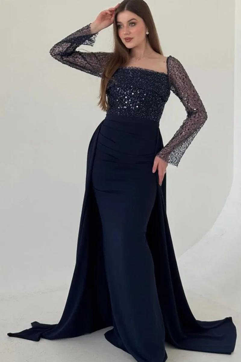 Jessica maniche lunghe con paillettes scintillanti Abiti da sera Abiti da ballo blu scuro Sirena Lady Abiti da festa personalizzati