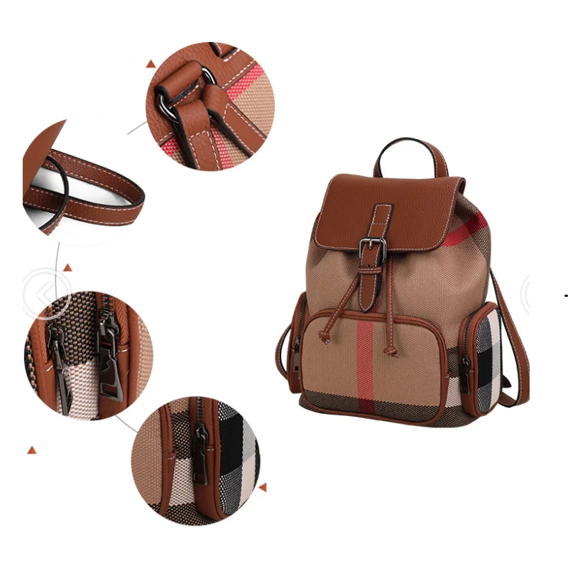 Leather Plaid Backpack for Women\'s 2024 New Fashion Versatile Large Capacity Backpack Commuter Backpack