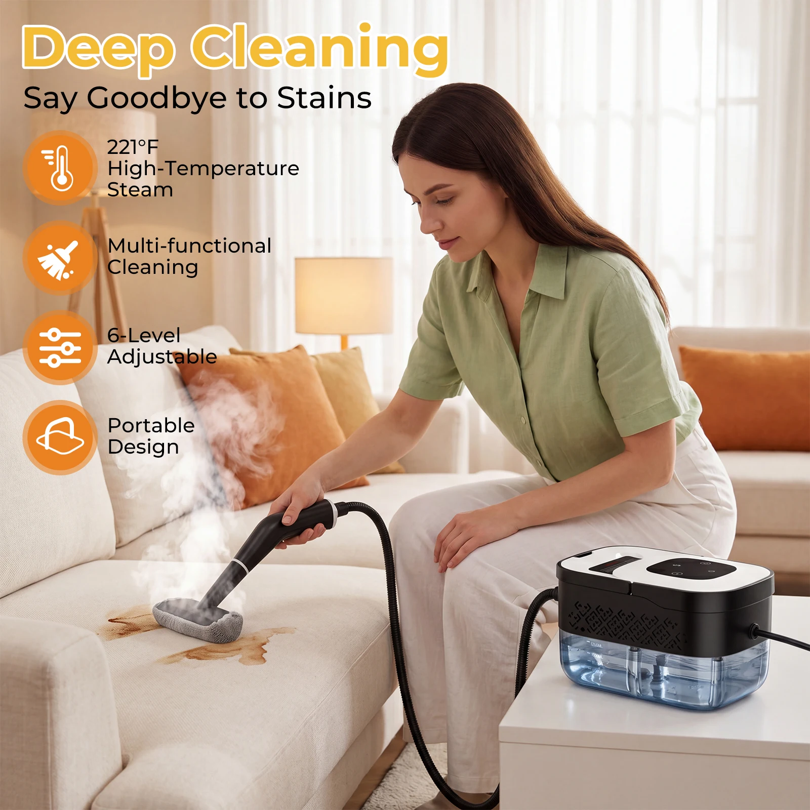Portable High Pressure Steam Cleaner, Multi-purpose Household Steam Cleaning Machine with 12-Piece Accessories, High Temp Chemical-Free Steam Cleaner for Kitchen, Bathroom, Car, 3 Colors Optional(White/Green/Orange)