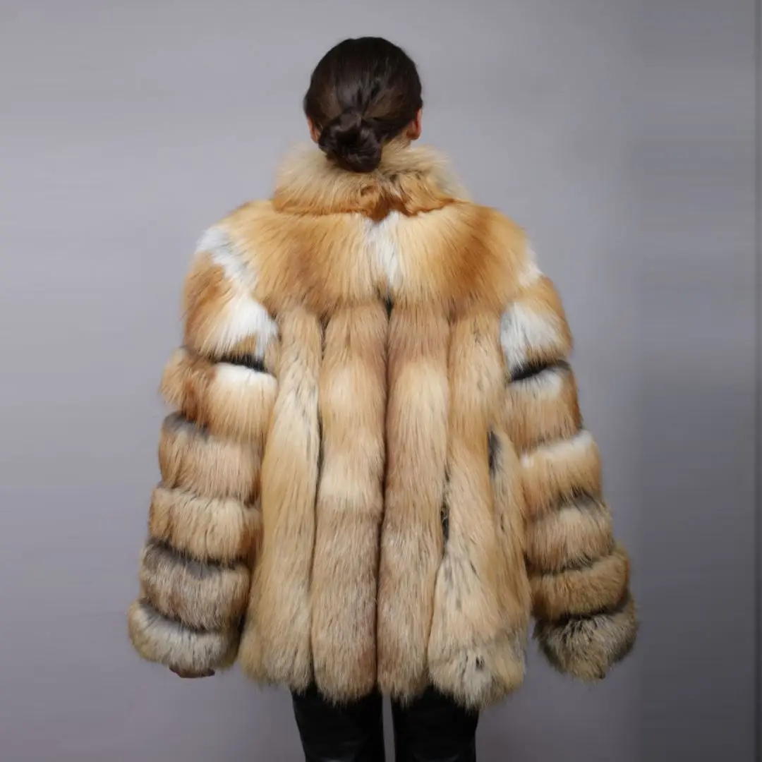 Winter Fashion Real Red Fox Fur Coat for Women High Street Woman Casual Full Pelt Genuine Red Fox Fur Jacket with Lapel Collar