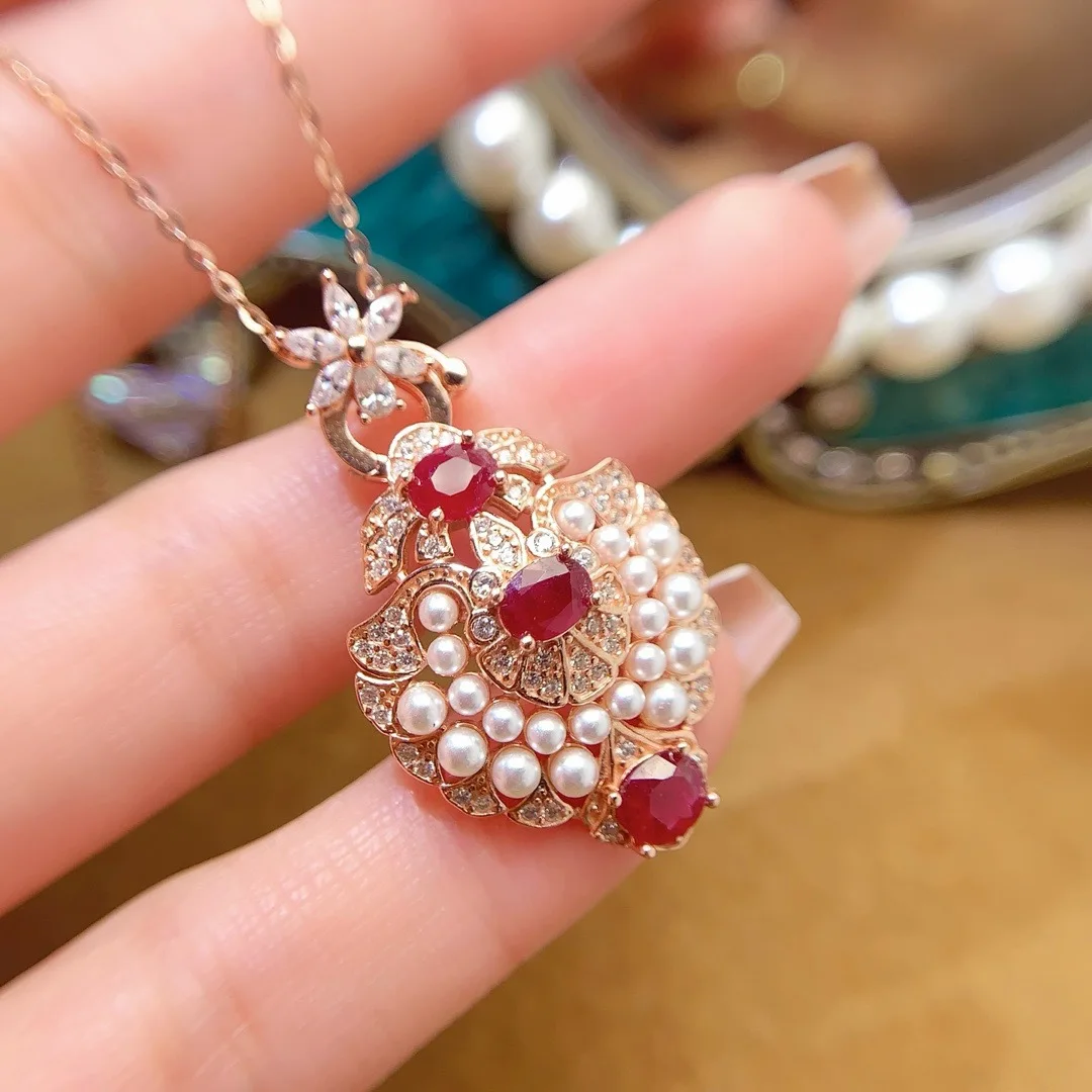 KJJEAXCMY Girls' Natural 5x4mm Ruby Pearl Necklace Pendant 925 Pure Silver Plated 18K Rose Gold Christmas Gift for Girlfriend