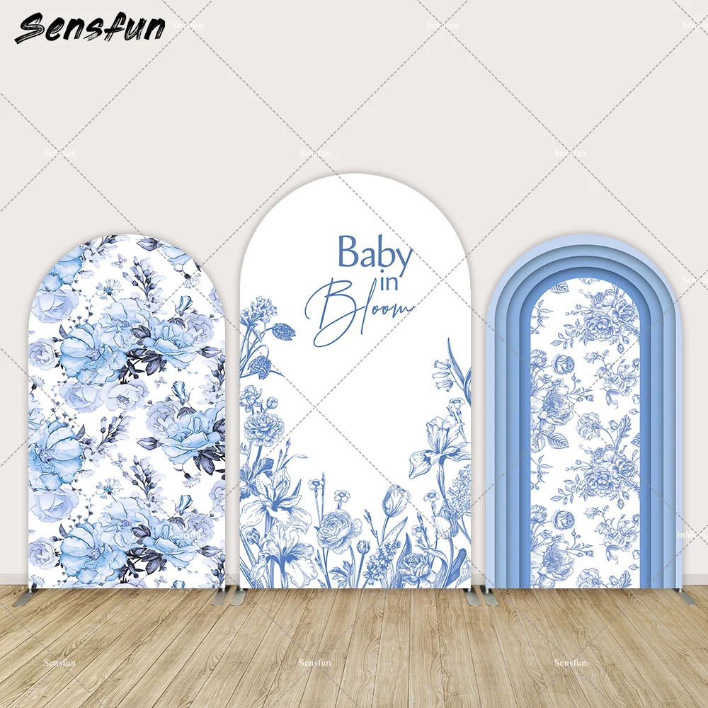 

Baby in Bloom Baby Shower Decor Arch Backdrop Wall Blue Striples Flowers Kids 1st Birthday Party Arched Cover Banner 2-Sided