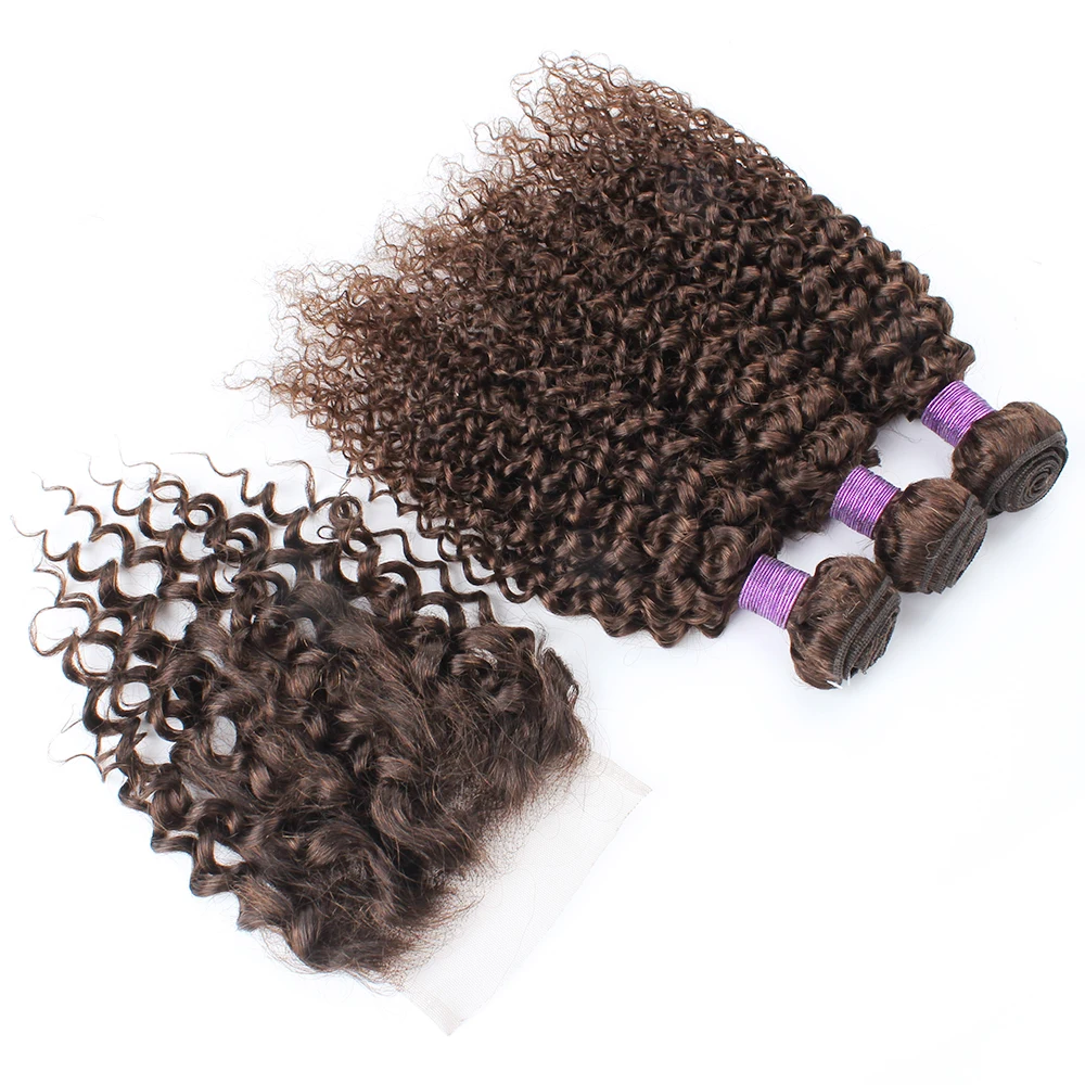 Gemlong Jerry Curly 3 Bundles With 4*4 Lace Closure 200g/Lot Remy Brazilian #4 Human Hair Weaving 4*1 T Lace Middle Part Closure