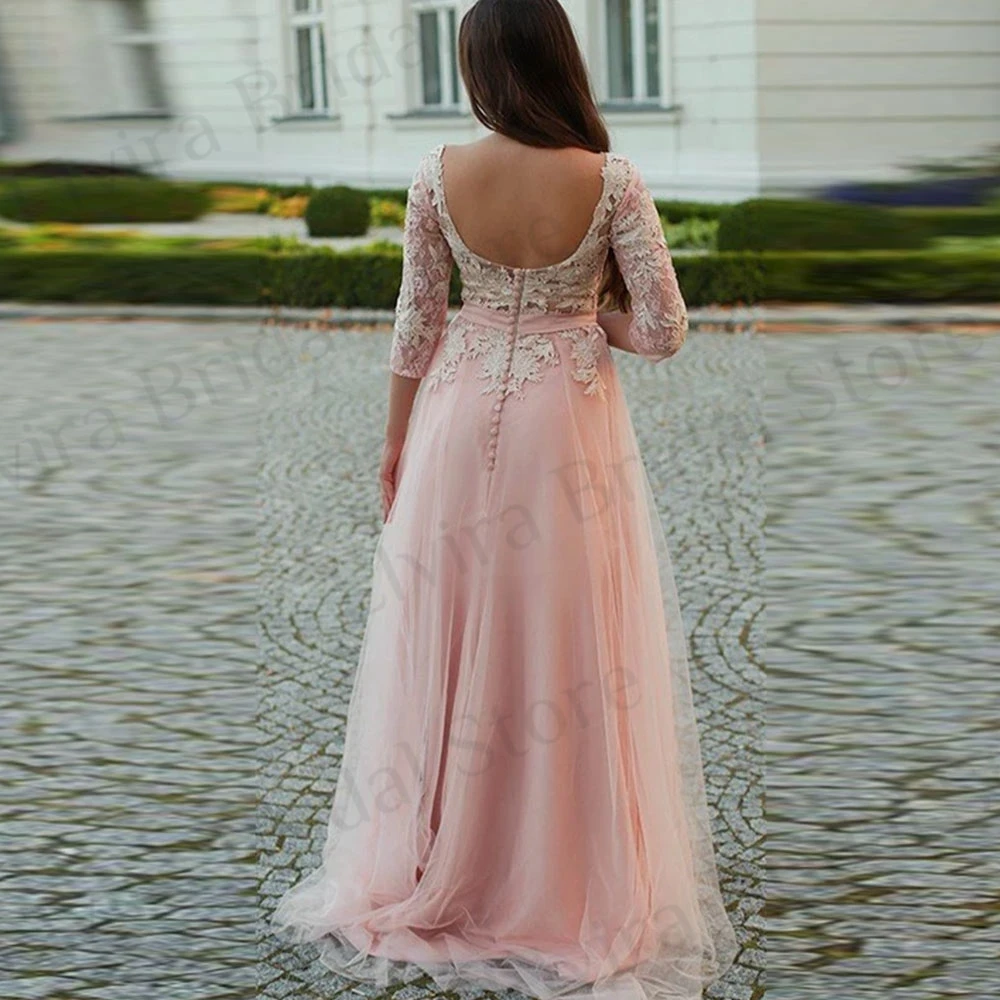 A-Line Three Quarter Sleeve Graduation Dresses Women Sweep Train Backless Applique Lace Pink Tulle Special Occasion Party Gowns