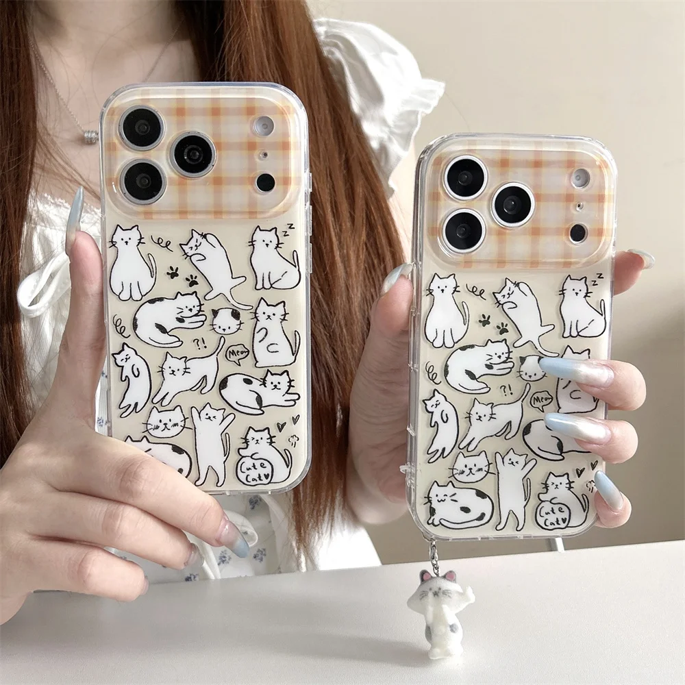 

Korean Plaid Line Cat Phone case for iPhone 16 15 14 13 17 Pro 16 Pro Max Cover With Charm Cute Shockproof Funda For Apple 15Pro