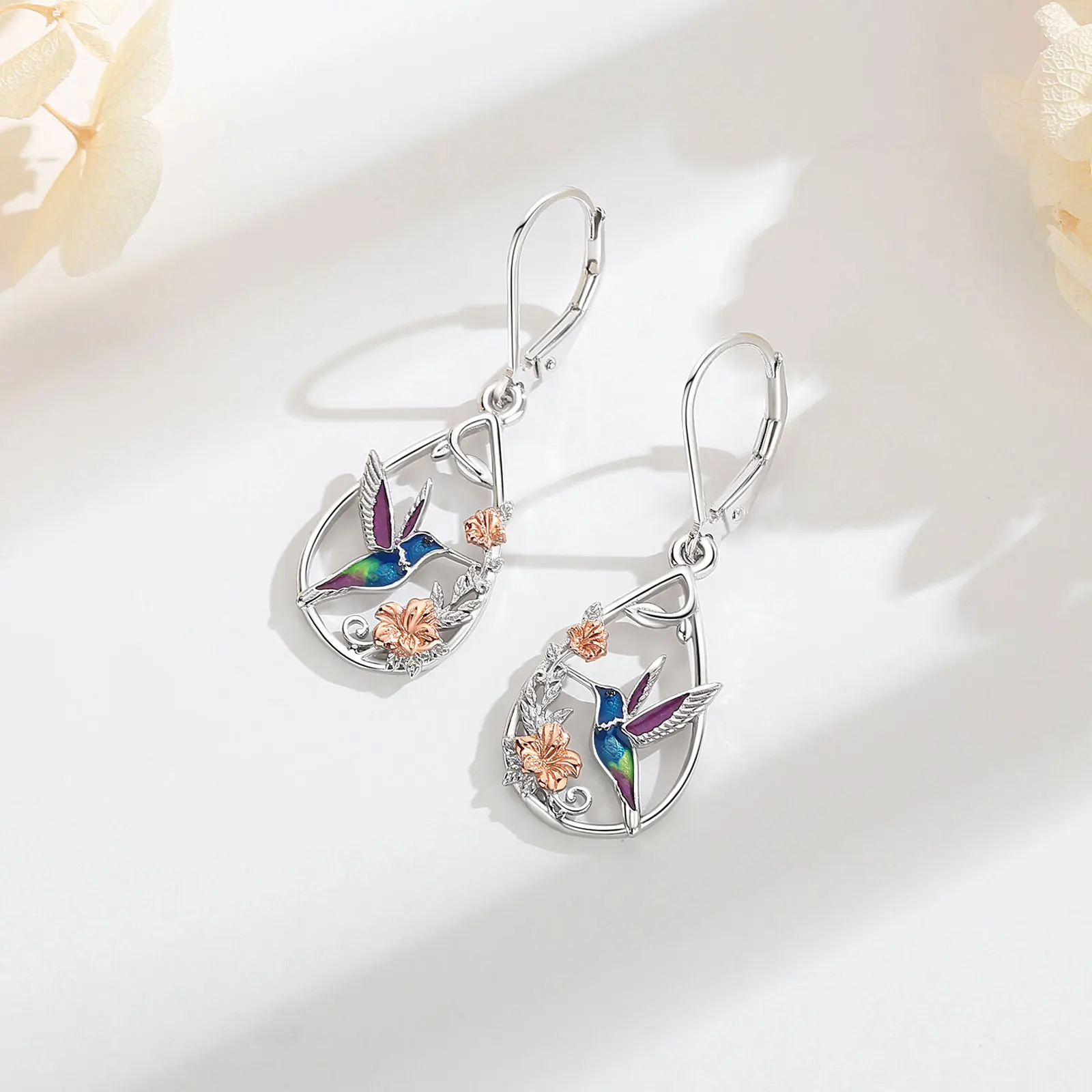 Eudora 925 Sterling Silver hummingbird Drop Earrings Bird Flower Earring Hypoallergenic Animal Jewelry Gift for Women