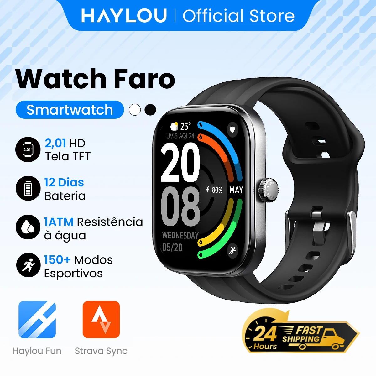 Relógio HAYLOU Faro com Chamadas por Voz, Smartwatch com Tela HD de 2.01'', Monitor de Saúde 24H, 150+ Modos de Esporte, Smartwatch Bluetooth para Hom