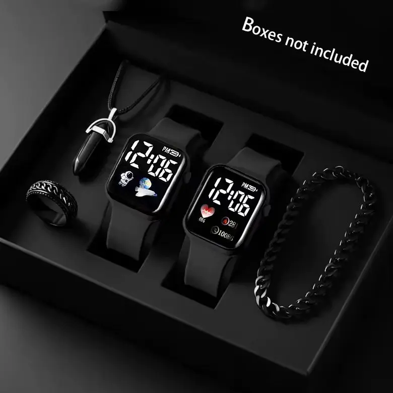 5-Piece Set of Children's Electronic Watches with Led Time Display, Paired with a Simple Black Accessory Set, Non-Smart Features, Exquisite Birthday Gift, Delicate and Cute, for Girls/Boys