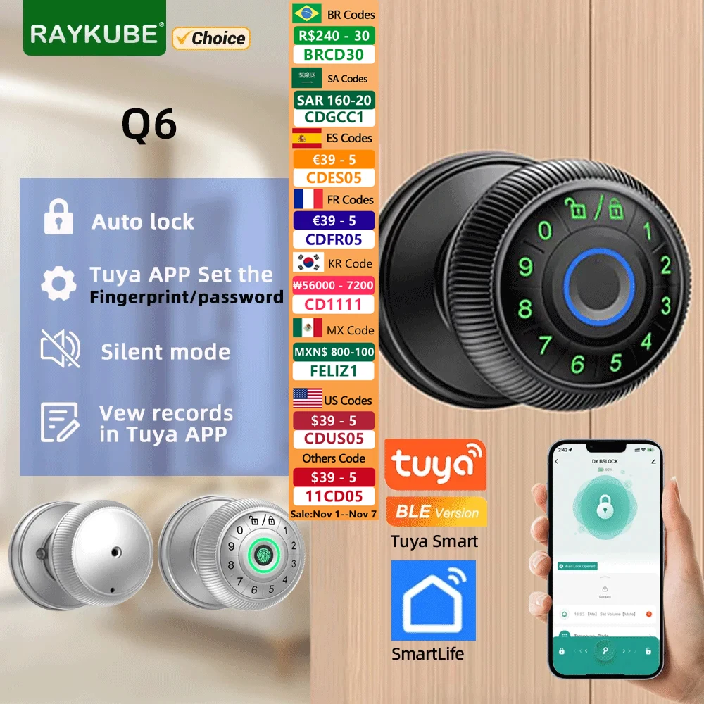 

RAYKUBE Q6 Tuya BLE Smart Fingerprint Door Lock Electronic Lock with Password/Key/Smartlife/Tuya APP Unlock For Bedroom