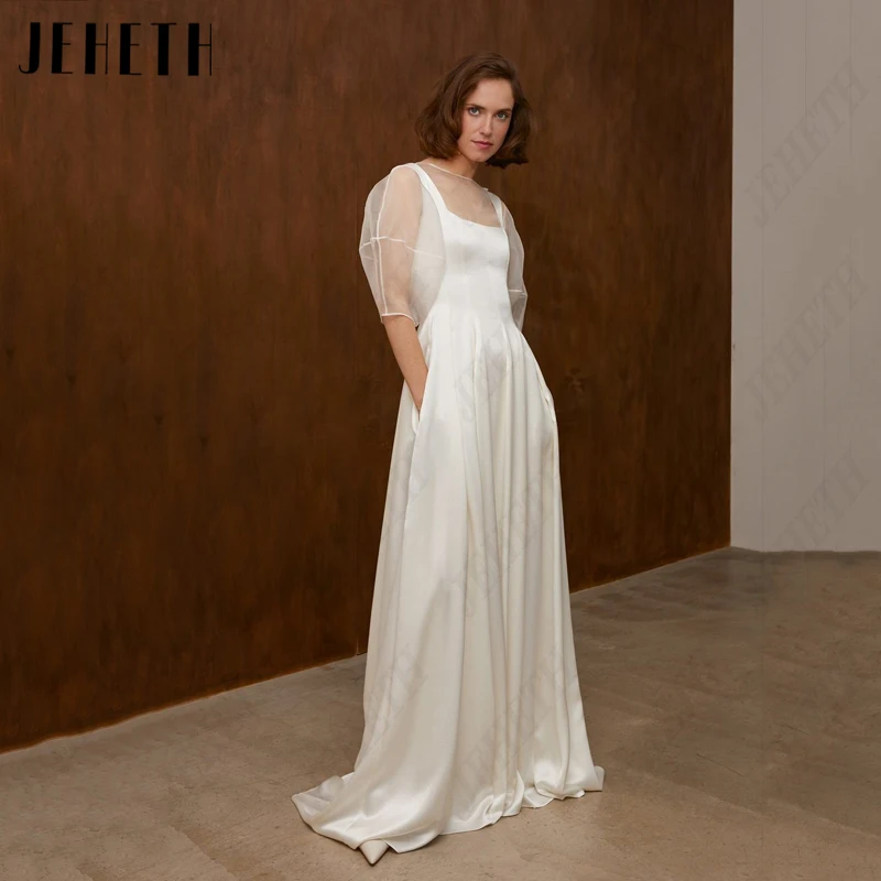 JEHETH Lantern Sleeve Button Wedding Dresses For Women A-Line Scoop Neck Bridal Gowns Vintage Satin Vestidos De Novia Illusion