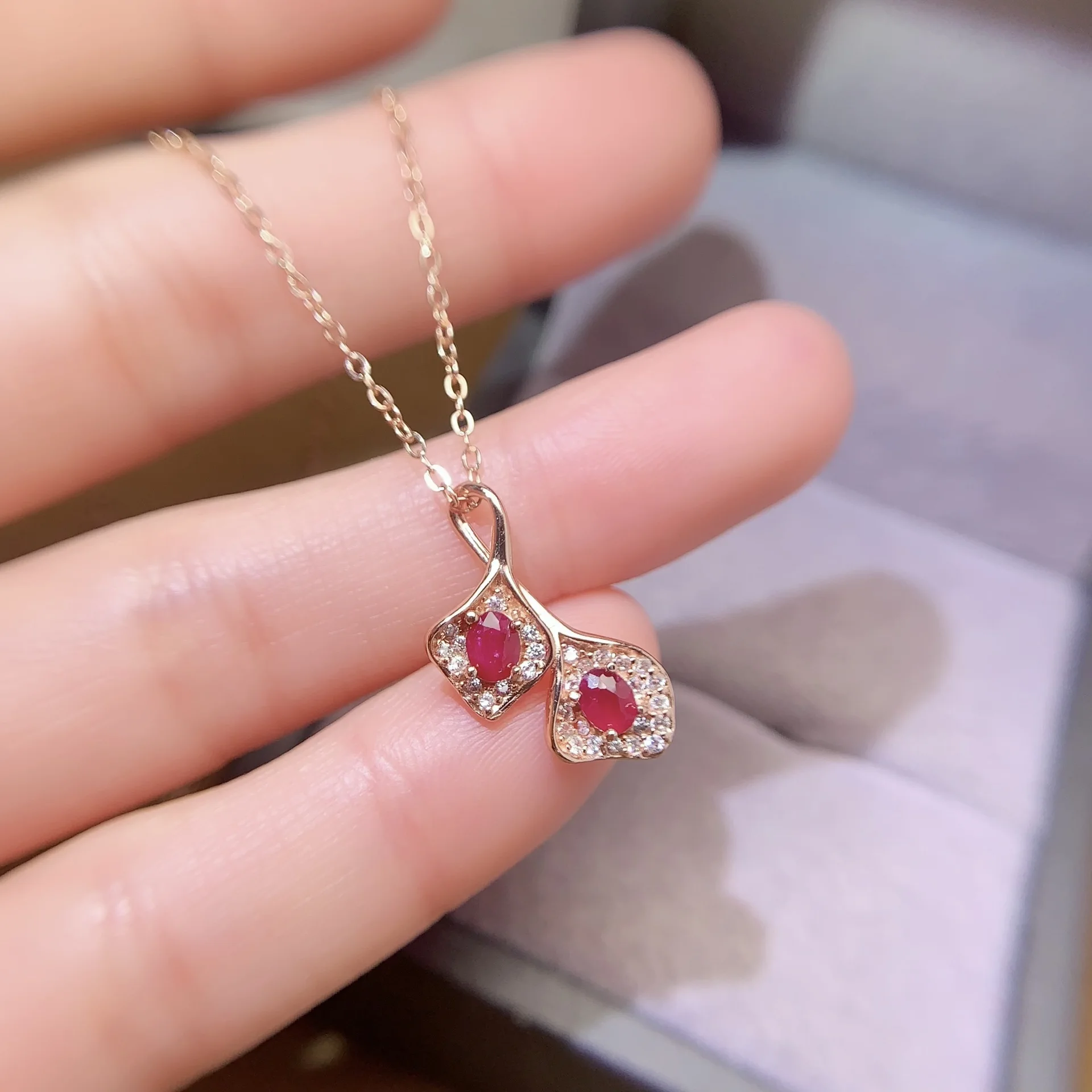 KJJEAXCMY Girl Natural 3x4mm Ginkgo Biloba Ruby Necklace Pendant 925 Pure Silver Plated Rose Gold Christmas Gift for Girlfriend