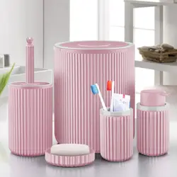 Bathroom Accessory Set Pink 5 Pcs Plastic Toothbrush Holder Liquid And Solid Soap Dispenser Toilet Brush Trash Can From Turkey