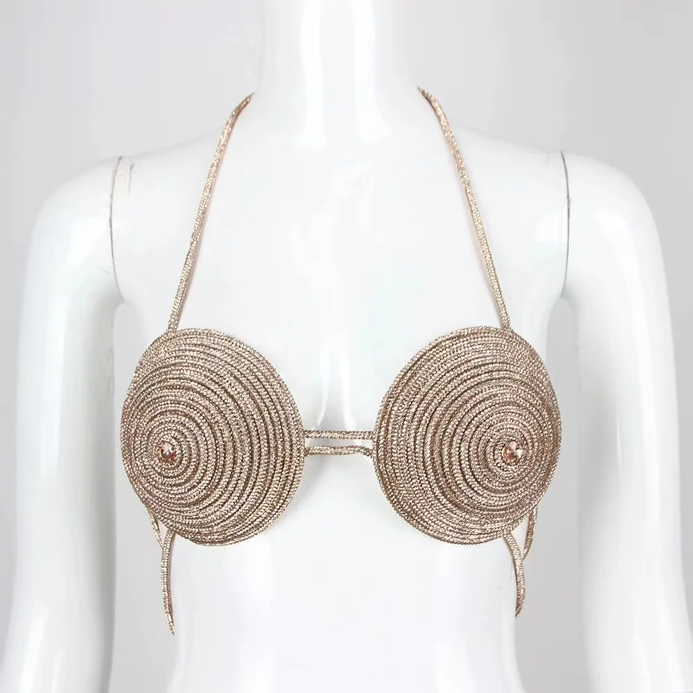 Hollow Belt Bra with Diamond Chest Chain, Jewelry Lingerie, Gold Rope, Cropped Top, Sexy Underwear, Beach, Summer, New Fashion