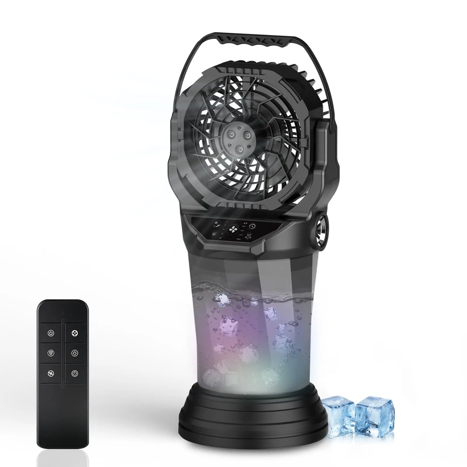 Ventilateur portable alimenté par batterie 15 000 mAh avec brumisateur, lumière LED, 3 sorties d'air, USB, pour le camping, noir