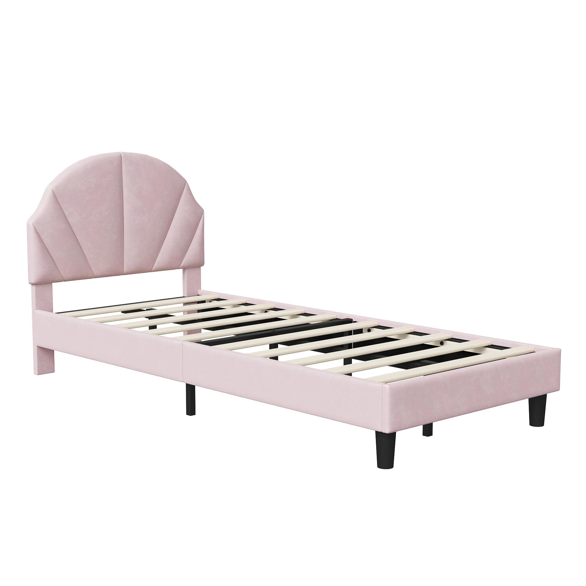 Letto per bambini 90 x 200, modello «Principessa» con struttura a doghe, rivestito in velluto rosa e beige, 90 x 200.