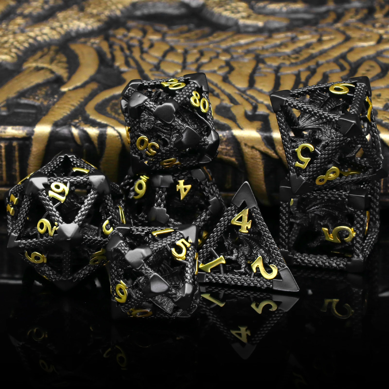 Dragon Metal Dice, 7PC/Set Polyhedral Dice for Role Playing Game Dungeons and Dragons Dices, RPG Dice(Black Glod)