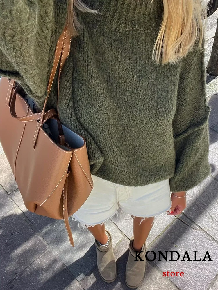 KONDALA Chic Cozy Green Ribbed Sweater Round Neck Long Sleeve Loose Fit 2023 Autumn Pullover Winter Loose New Women Knitwear