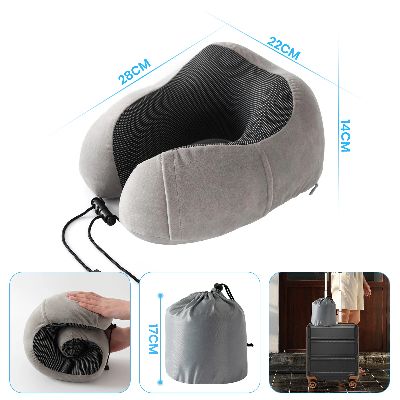 Oreiller ergonomique pour le cou en mousse à mémoire de forme Good Nite, réglable et lavable, pour avion, voiture, maison, voyage, gris