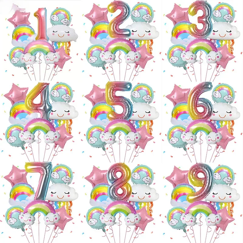 10 sztuk Zestaw balonów Rainbow Cloud 32 cale Cyfra 1-9 lat Dekoracje urodzinowe dla dzieci Baby Shower Balony foliowe ślubne — zdjęcie 2