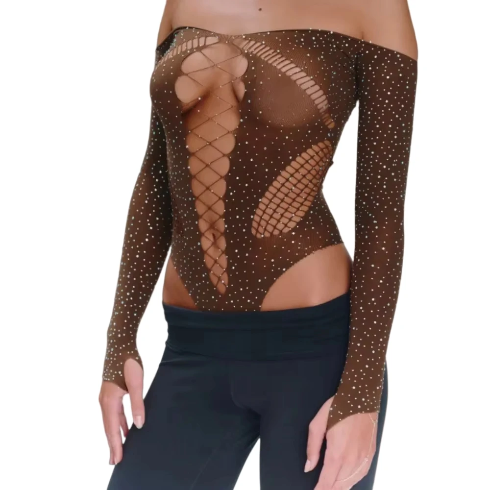 

FAGADOER Сексуальный комбинезон-боди со стразами и пэчворком, женский комбинезон с открытыми плечами и вырезами, уличная одежда, новинка 2026 года