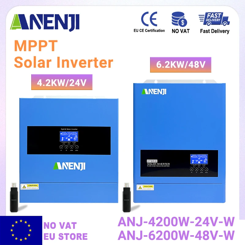 Onduleur solaire hybride ANENJI 6.2KW 4.2KW 230Vac On-Grid Off-Grid 48V 24V à onde sinusoïdale pure avec contrôleur de charge MPPT 120A PV 500VDC à double sortie