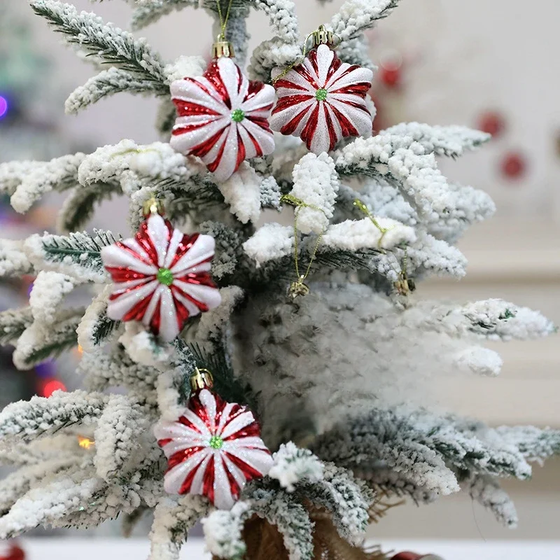 Ornement de boule de Noël étoile rouge, pendentif arbre de Noël, flocon de neige bonbon, décoration de la maison, cadeau de Noel, nouvel an, 2025, boîte de 6 pièces, 2024