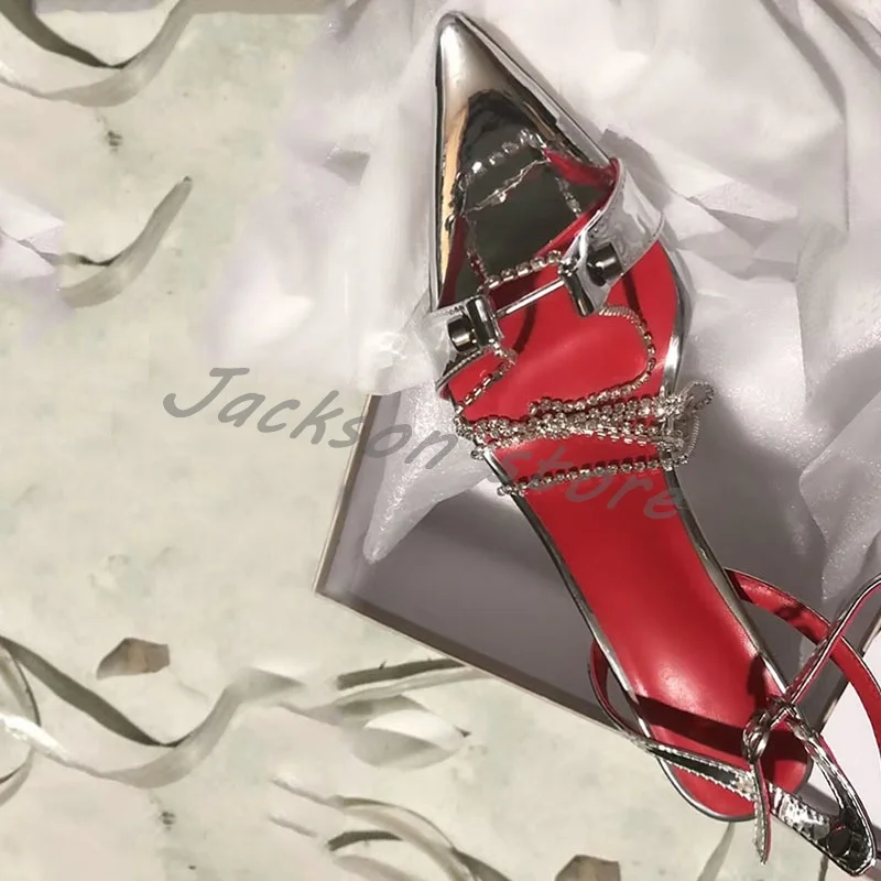 New Pointed Open Toe Silver Metal Leather Stiletto Sandals Women Summer Buckle Rhinestone Chain Strap High Heel Dress Shoes