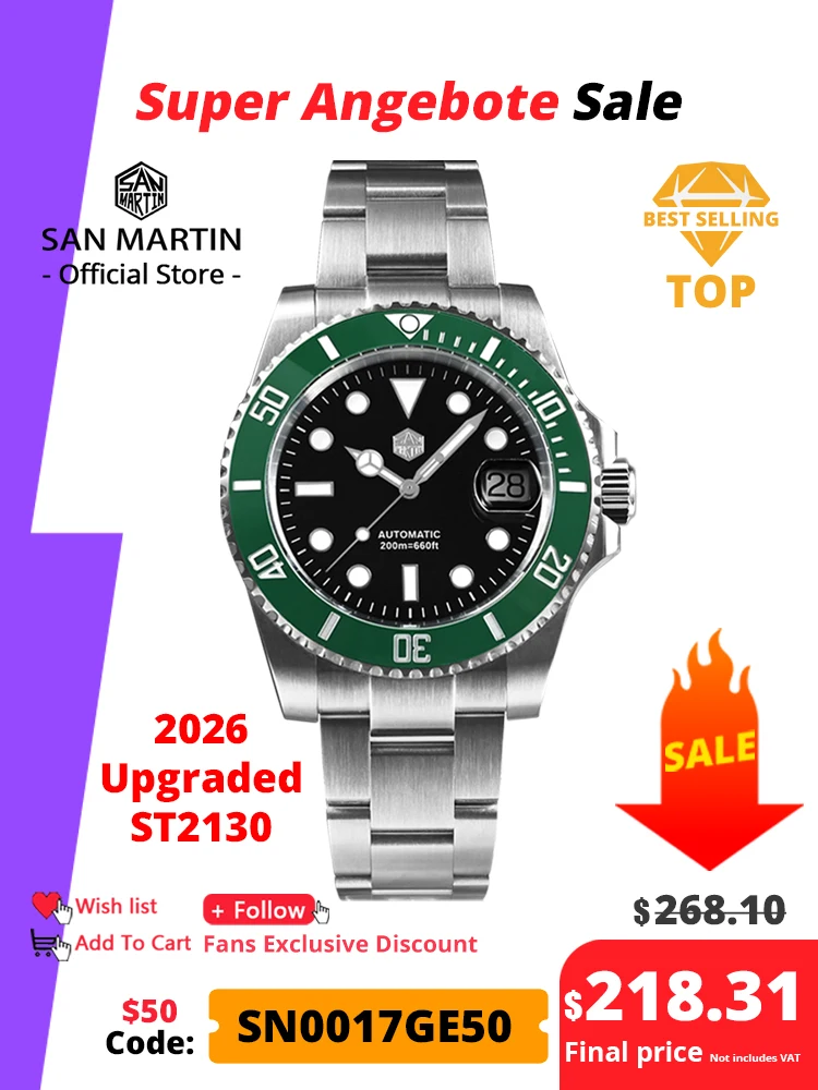 Nuevo Reloj De Buceo San Martin Water Ghost De 40 Mm Para Hombre, Reloj Mecánico Automático De Lujo St 2130, Zafiro, Resistente Al Agua 200 M, Sn0017 — -29%, 127.88€ Coupon, from 298.39€ – 29% descuento – €298.39