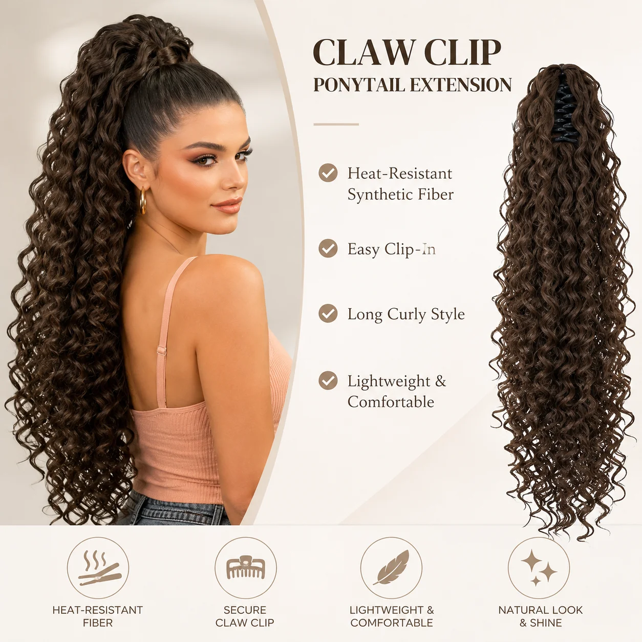 24 Inch Claw Clip Ponytail Extension for Women, Heat Resistant Synthetic Fiber Curly Ponytail Hairpiece, Long Voluminous Wavy Clip In Hair Extension, Easy Instant Hairstyle Accessory for Daily Wear, Party & Special Occasions