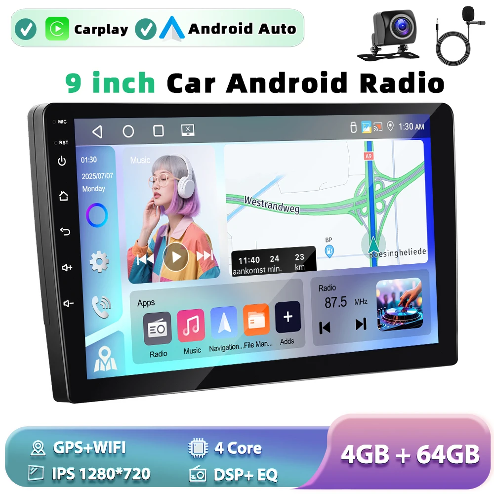 Podofo 9" 2 DIN Android 4+64G Car Stereo Carplay Android Auto GPS Navigation Bluetooth FM RDS Radio WIFI Touchscreen image 3