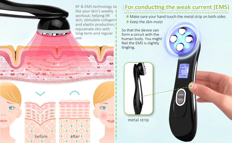 Máquina portátil da massagem da cara, levantamento da pele que firma, aperto, aperto, aperto, aperto, micro-corrente, dispositivo facial da beleza, 5 cores luzes