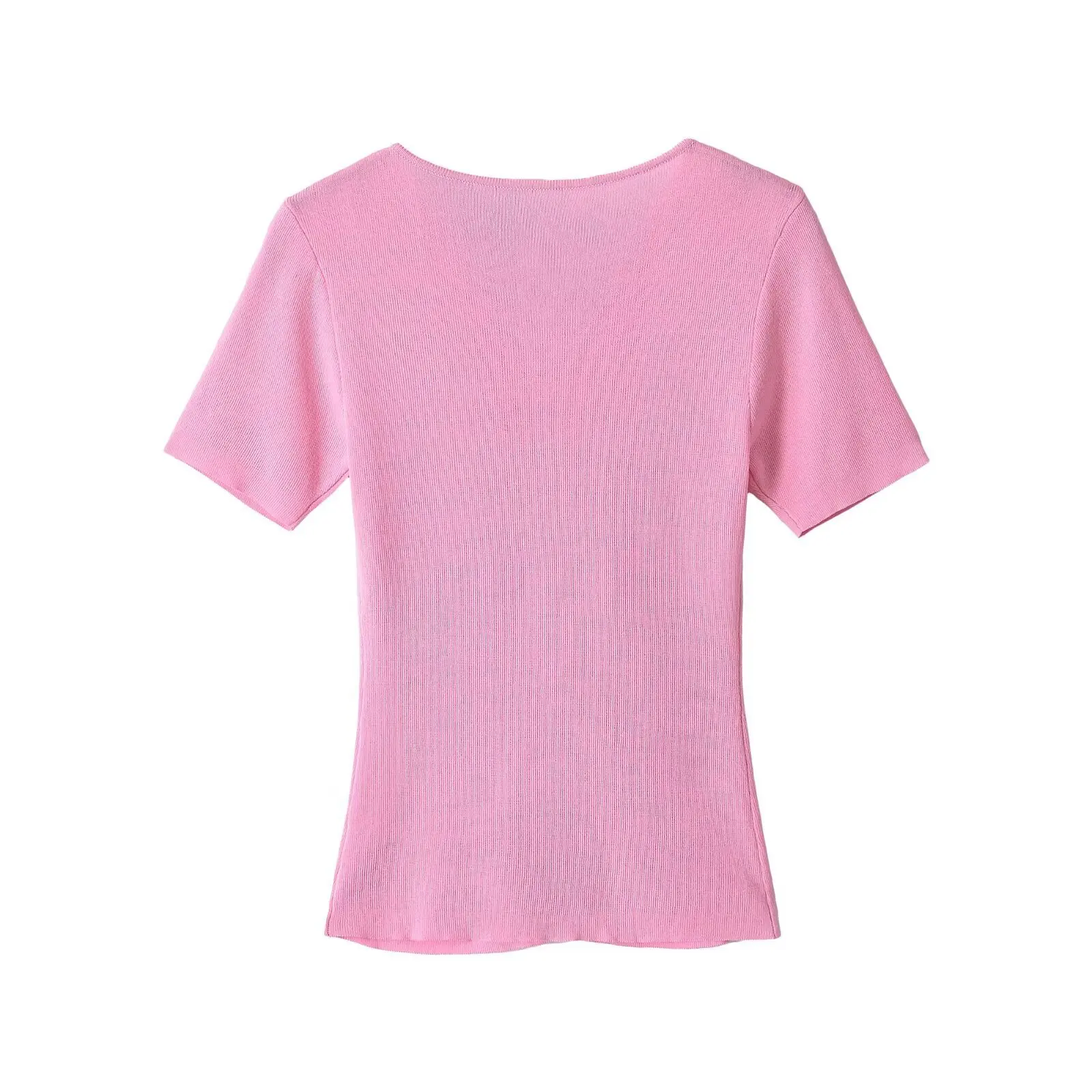 French Style Pink Knitted Shirt Women Chic Sexy Bodycon Slit Tops Flattering Ribbed Thin Breathable Sweaters Streetwear